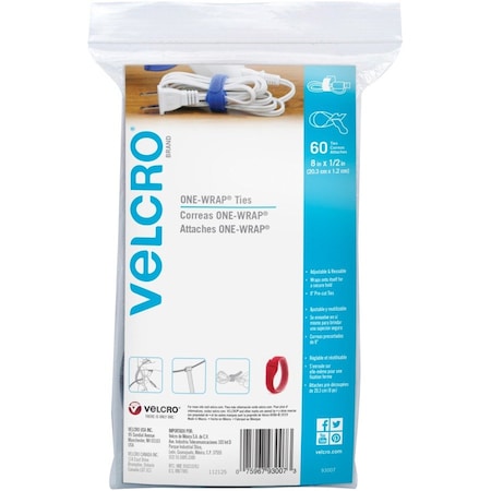 Velcro Brand Cable Tie, 8 in L, 60 PK VEK93007